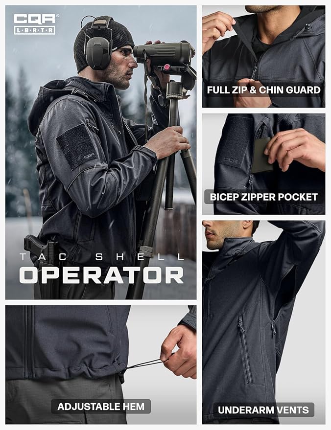 CQR Men's Tactical Softshell Jacket, Winter Warm Fleece Lined Coat, Water Resistant Outdoor Hunting Hiking Rain Windbreaker