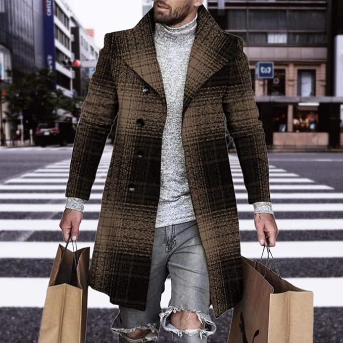 Men's Plaid Long Trench Coat Mid - Length Lapel Collar Button Down Warm Overcoat for Winter & Autumn Fashion