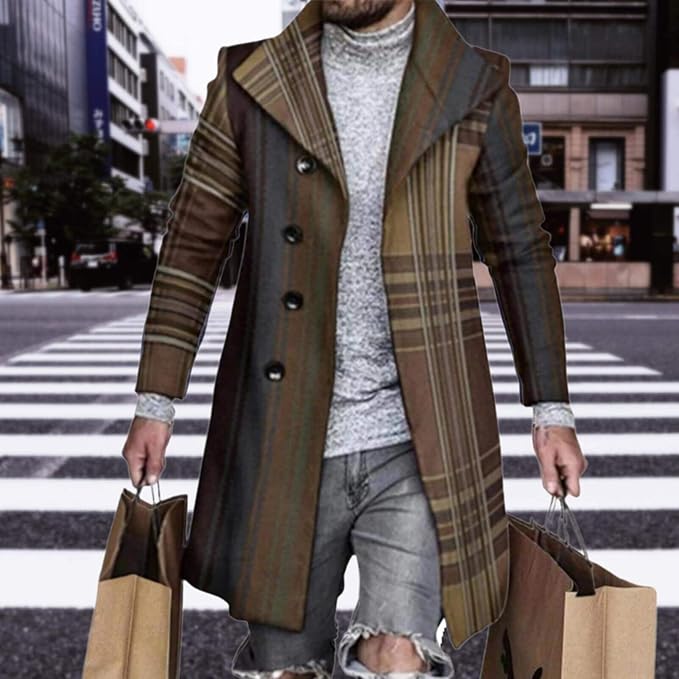 Men's Plaid Long Trench Coat Mid - Length Lapel Collar Button Down Warm Overcoat for Winter & Autumn Fashion