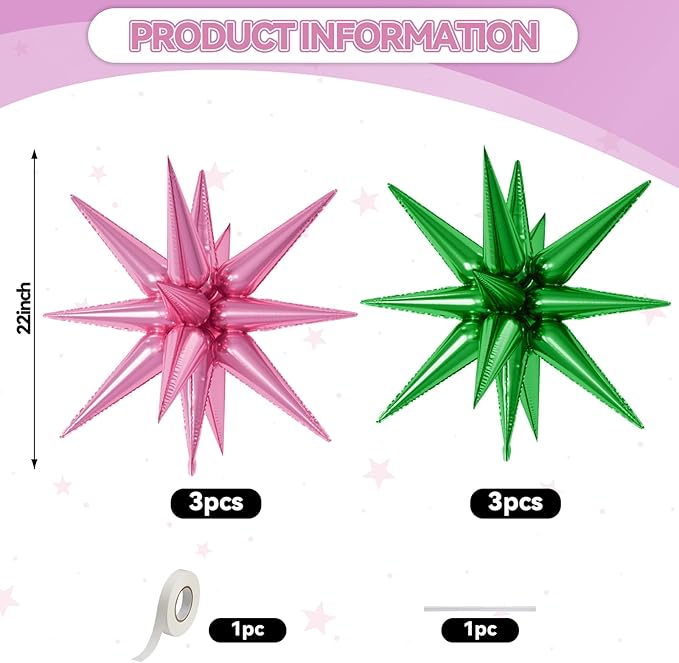 6PCS Star Balloons, 22Inch Large Green Pink Star Balloon Explosion Foil Balloons Cone Spike Balloon for Birthday Graduation Wedding Anniversary Party Backdrops Decorations