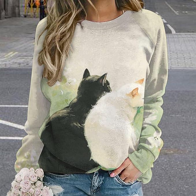 Long Sleeve Shirts for Women Cat Printed Fall Winter Dressy Holiday Casual Fashion Crewneck Tunic Tee Shirts