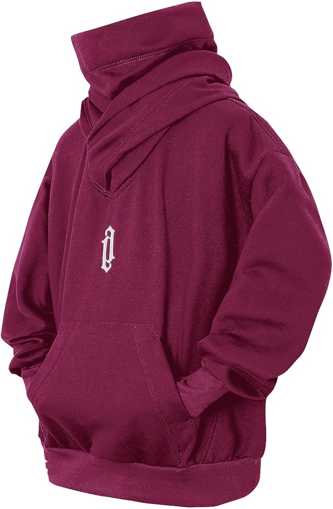 Fleece Hoodies for Men Cowl Neck Sweatshirts Hood with neck Gaiter Casual Pullover Fall Winter with Embroidery
