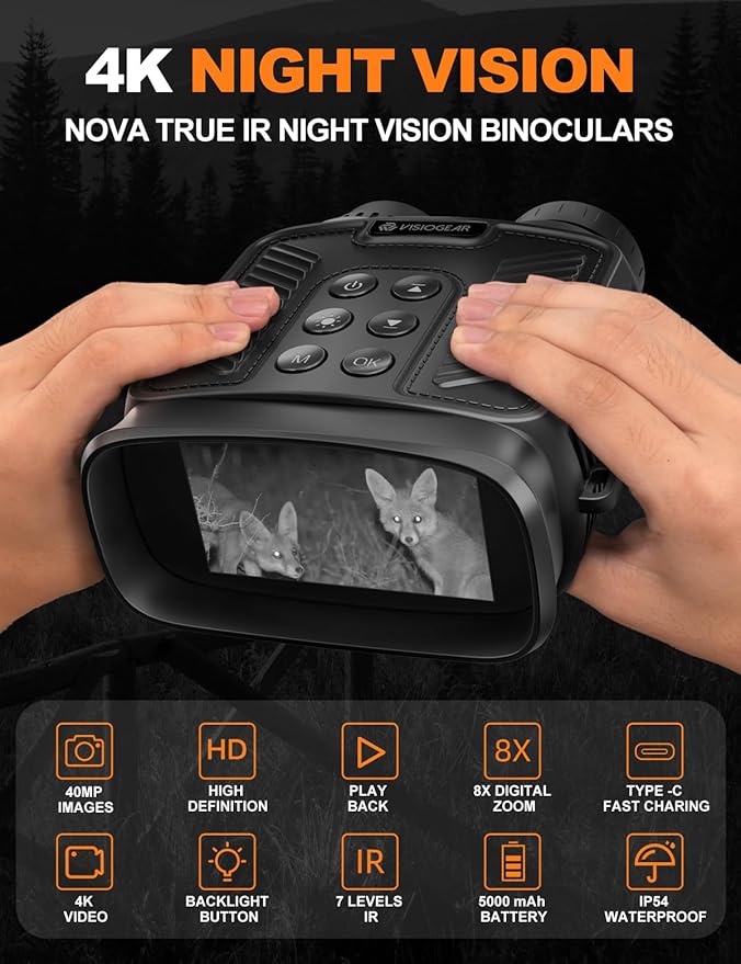 Night Vision Binoculars Nova - 4K 40MP Infrared Night Vision Goggles with 8X Zoom, 3'' HD Screen, 5000mAh Battery, 7-Level IR for Hunting, Camping, Security