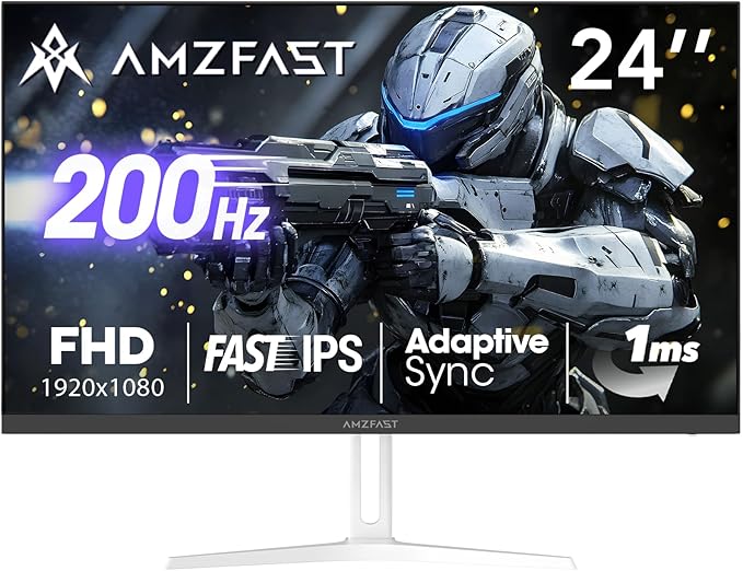 Amzfast 24 Inch Gaming Monitor 200Hz FHD 1080p Fast IPS Computer Monitor, 110% sRGB 1ms HDR Support Adaptive Sync, Eye Care VESA Mount HDMI 2.0 | Display Port 1.4 White Monitor, AMZG24X1W