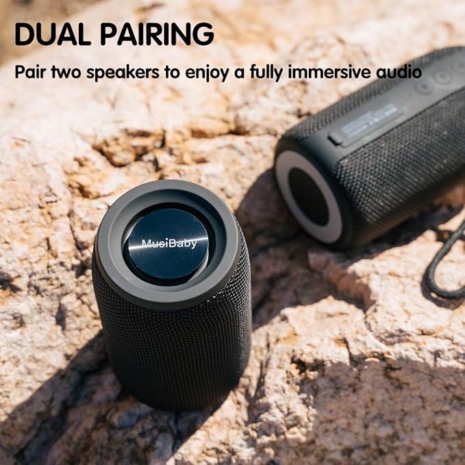 MusiBaby M68 Portable Bluetooth Speakers – Wireless, Waterproof, Dual Pairing, Deep Bass, Small & Loud with 24H+ Playtime – Outdoor Travel, Beach, Camping, Party, Gifts for Men Women (Black)
