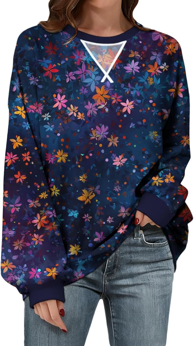 Womens Sweatshirts Fahsion Floral Print Long Sleeve Comfy Fall Tops Oversized Casual Crewneck Pullover Shirts