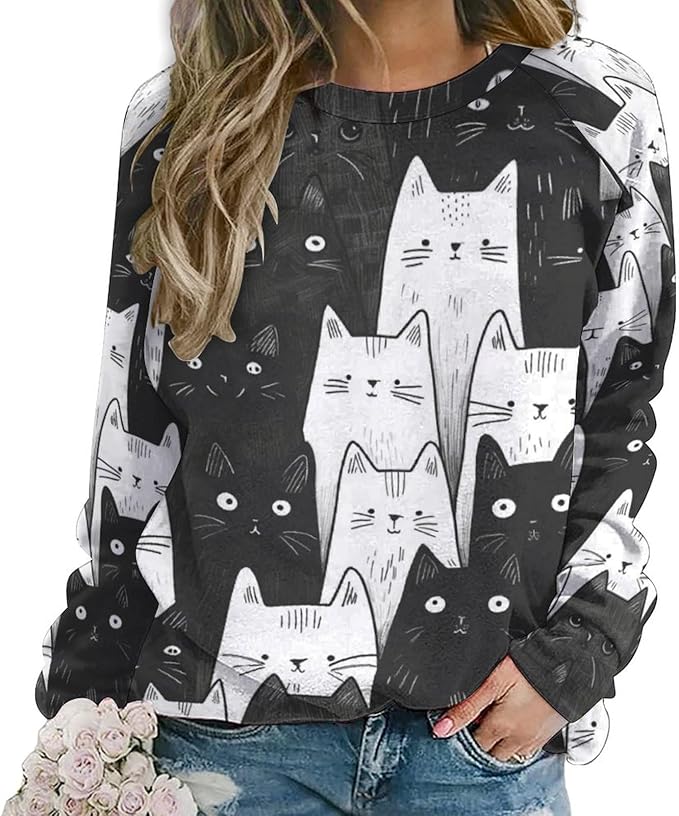 Long Sleeve Shirt Women Fall Cat Print Funny Hide Belly Vacation Plus Size Ladies Hippie Dressy Sweaters