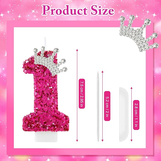 AKURIEEY Hot Pink Birthday Candles Crown Number 1 Candle Birthday Party Decorations Cake Topper Cupcake Decor for Anniversary Celebrations Supplies