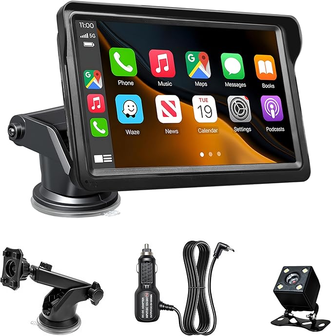 7" Wireless Carplay Screen for Car, for Apple CarPlay & Android Auto, Touch Screen Wireless Car Play Mirror Link with Backup Camera, GPS, Voice Control Carplay Car Stereo