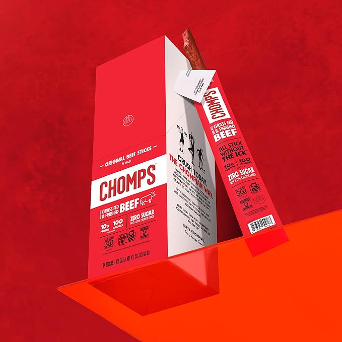 Chomps Grass-Fed and Finished Original Beef Jerky Snack Sticks 24-Pack, Keto, Paleo, Whole30, 10g Protein, Gluten-Free
