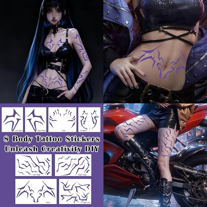 8 Rumi tattoos, trendy anime Rumi cosplay purple temporary tattoo stickers, Halloween cosplay party waterproof cosplay costume accessories (purple)