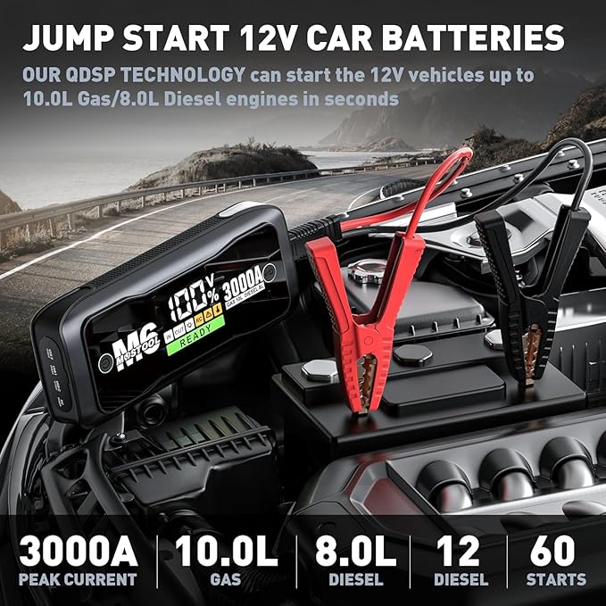 MOSTOOL 3000A Car Jump Starter, 12V Portable Battery Jump Starter with LCD Display, Fits Gas Engines up to 10.0L and Diesel Engines up to 8.0L, Gray