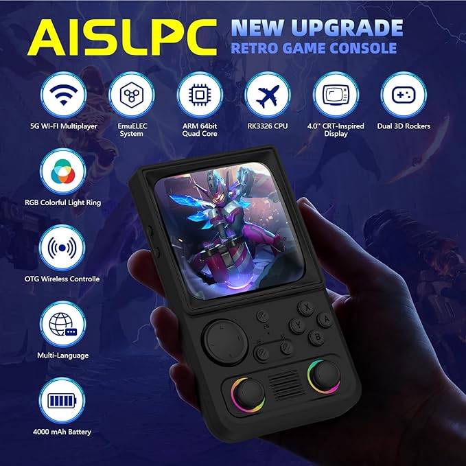 R36TMAX Retro Handheld Game Console, 4.0'' 720x720 IPS Screen, Open Source System, 64G Built-in 18000+ Classic Games, Supports WiFi Networked Fighting and OTG, 4000mAh, with Portable Case (Black 64GB)