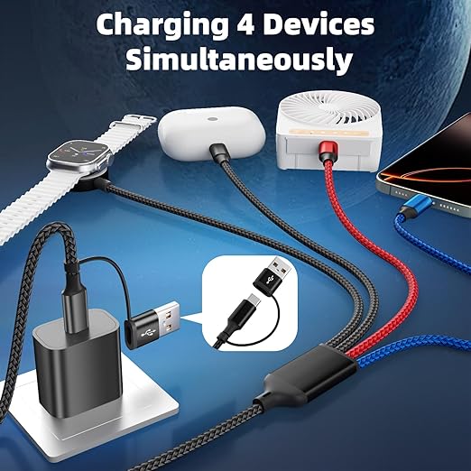 Dual Type-C Port 4 in 2 Multi Charging Cable for Apple iWatch Charger/iPhone 17/Lightning, Travel Charger for Multiple Devices, iPhone 17 Charger for iWatch Ultra/SE/11-2, iPhone16-8, iPad - 2Pcs 5FT