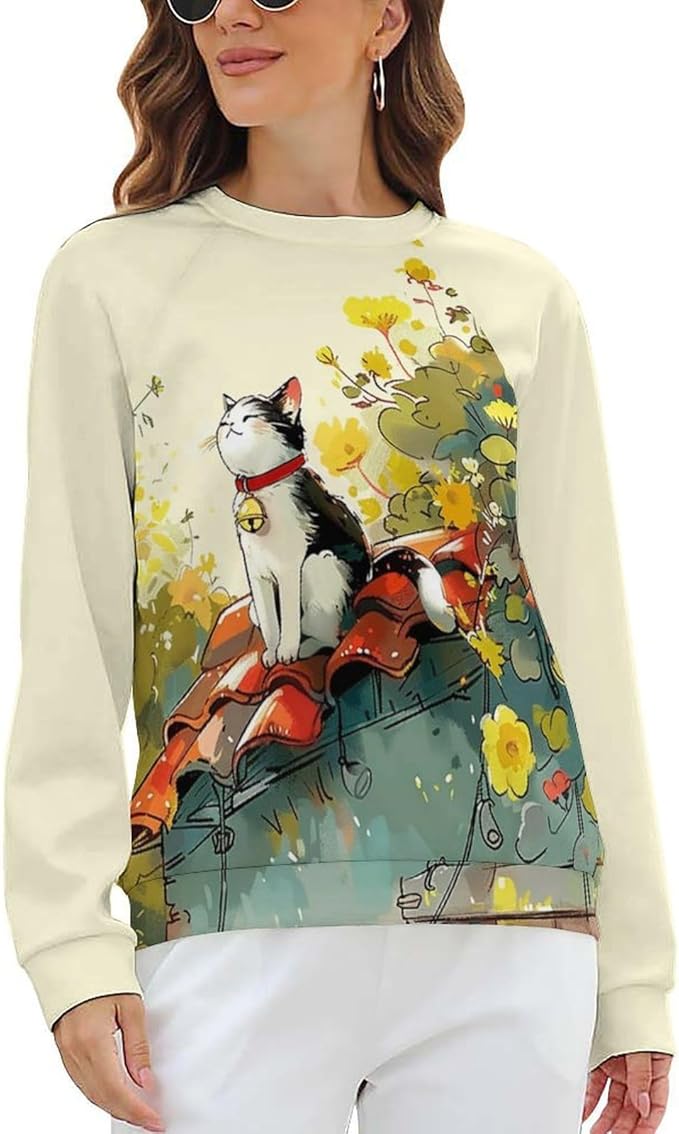 Long Sleeve Shirts for Women Cat Printed Fall Winter Dressy Holiday Casual Fashion Crewneck Tunic Tee Shirts