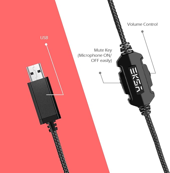 EKSA E1000 Gaming Headset, Computer Headphones with Noise Canceling Mic & RGB Light, 7.1 Surround Sound, Compatible with PC, PS4 PS5 Console, Laptop (Red)