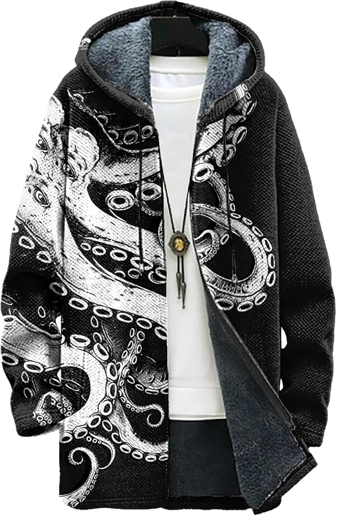 MARSVOVO Long Hooded Cardigan Men Japanese Art Style Fashion Cool Graphic Streetwear Winter Warm Lined Fleece Jacket