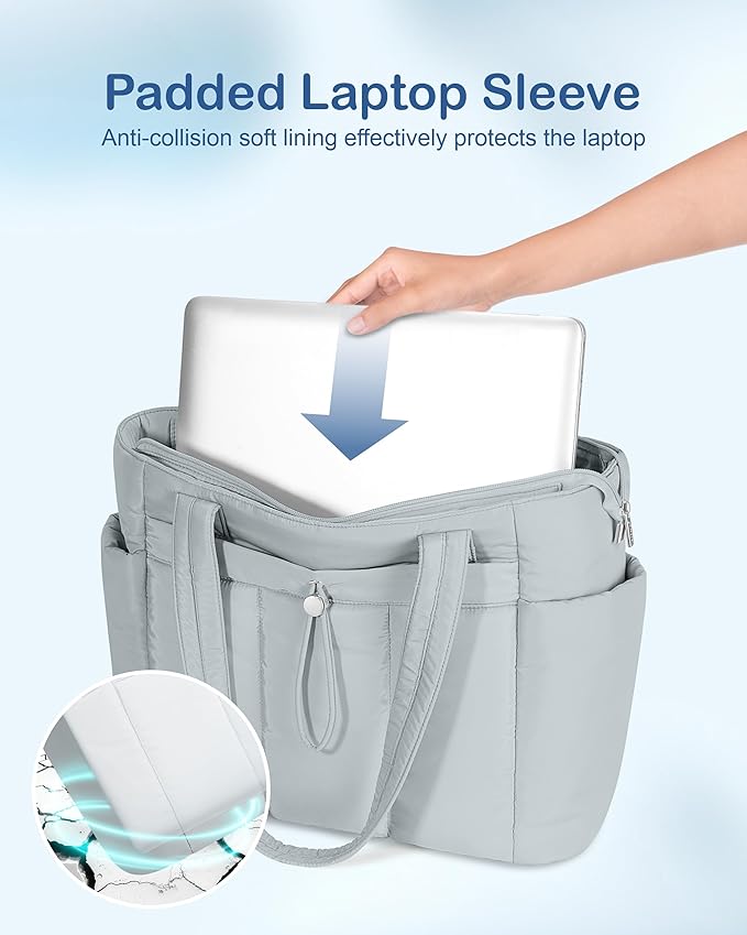 TOPDesign Puffy Tote Bag for Women with Cup Holder & Laptop Compartment & Cosmetic Bag & Trolley Sleeve for Work, Travel