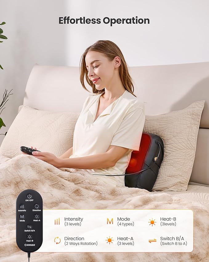 KNQZE 3-in-1 Shiatsu Back Massager with Heat & Support - 4D Deep Tissue Kneading for Neck, Shoulder, Lower Back | Dual-Side Heating Massage Pillow for Home, Office, Car | FSA Gift for Women, Men