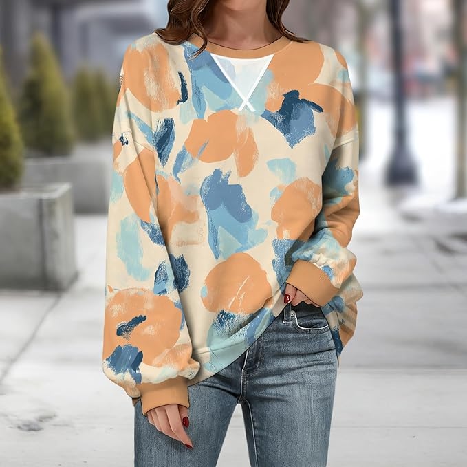 Womens Sweatshirts Fahsion Floral Print Long Sleeve Comfy Fall Tops Oversized Casual Crewneck Pullover Shirts