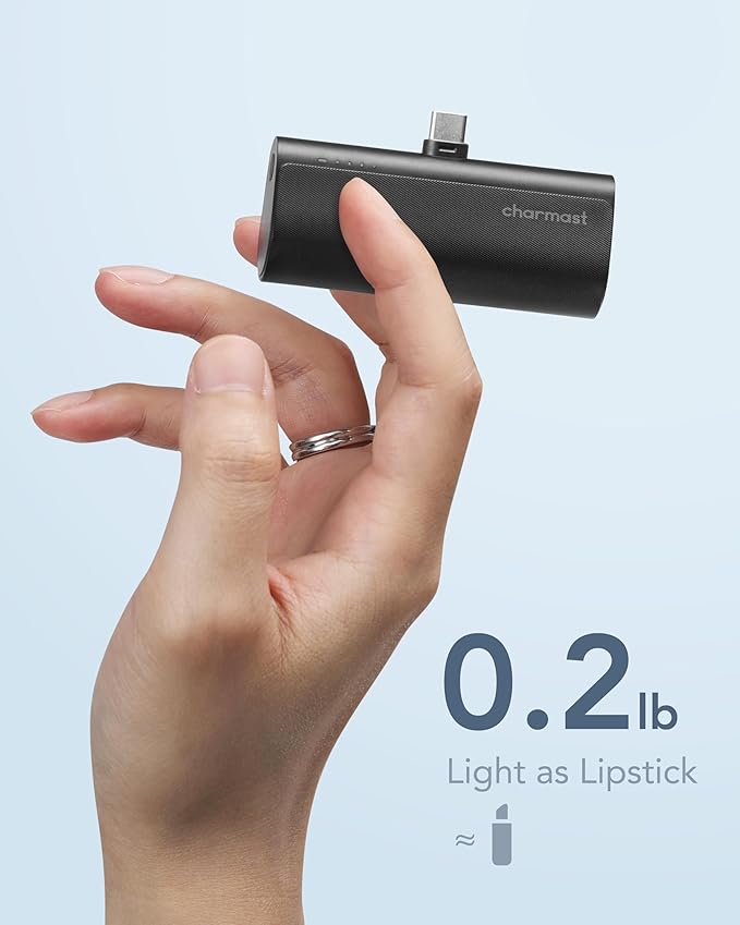 charmast Portable Charger USB C for iPhone 17/16/15, 5000mAh Fast Charging Battery Pack with Built-in Type-C Connector, 20W Mini Power Bank for iPhone 17/16/15 Series, Samsung S22/23 Series, and More