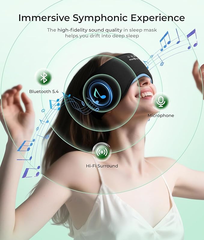 MUSICOZY Sleep Headphones Eye Mask Bluetooth 5.4, Bamboo Cotton Full Coverage Headphones Headband for Side Sleepers, Wireless Earphones with Speaker Sleep Music Earbuds for Men Women (Classical Black)