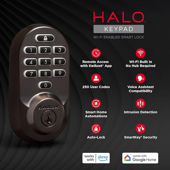 Kwikset Halo Wi-Fi Smart Lock, Keyless Entry Door Deadbolt, Geofence Auto-Unlock, Grade AAA Certified, No Hub Easy Install, Venetian Bronze Lifetime Finish Warranty, Backlit Keypad