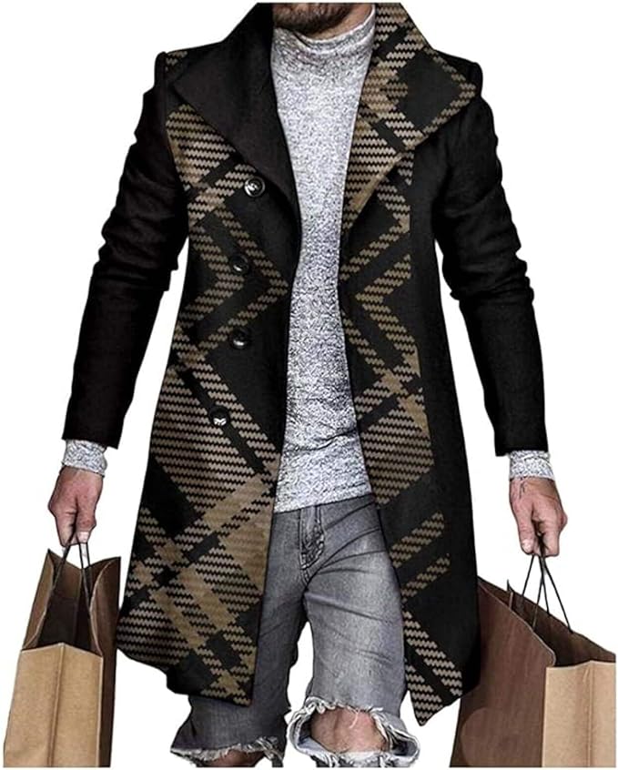 Men's Plaid Long Trench Coat Mid - Length Lapel Collar Button Down Warm Overcoat for Winter & Autumn Fashion