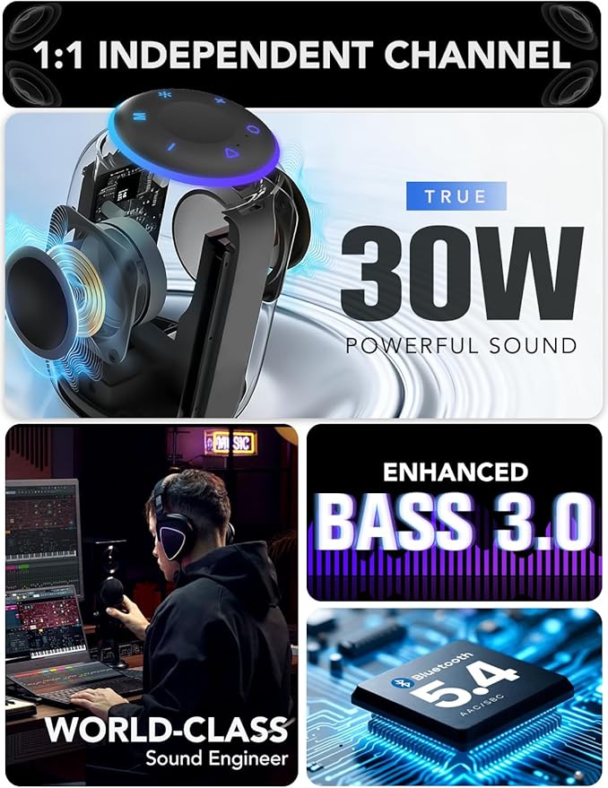 Portable Bluetooth Speaker, Bluetooth 5.4 Speaker, 30W Dual Speaker, 2.0 Channel, Deep Bass, 30H Playtime, Colorful RGB Lights, IPX7 Waterproof, TWS pairing for Outdoor/Home/Party/Travel, Gift Ideas