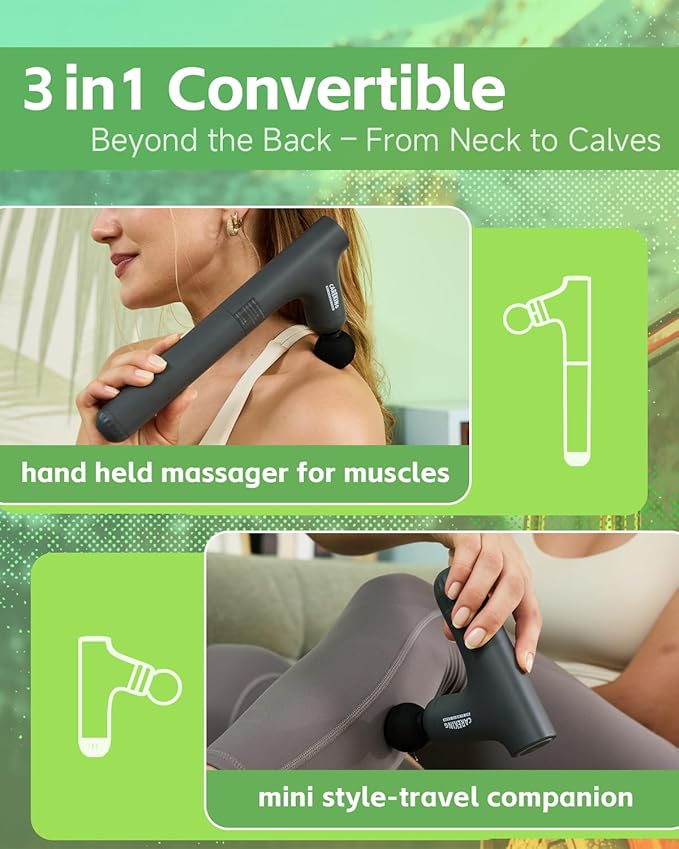 Convertible 3-in-1 Massage Gun Deep Tissue with Extended Handle, Back Pain Relief Percussion Muscle Massager for Neck Shoulder Men Women