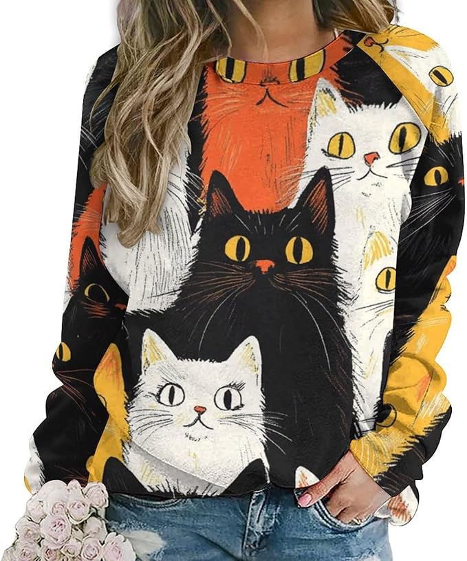 Fall Sweaters for Women 2024 Cat Print Long Sleeve Casual Crewneck Warm Fall Pullover Comfy Fashion Sweatshirts