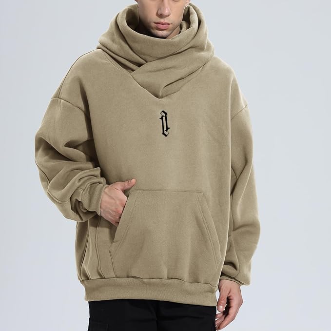 Fleece Hoodies for Men Cowl Neck Sweatshirts Hood with neck Gaiter Casual Pullover Fall Winter with Embroidery