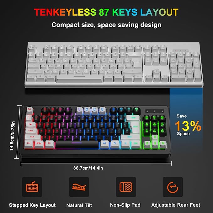 BlueFinger Wireless Gaming Keyboard and Mouse Combo, RGB Rainbow Backlit Rechargeable Battery, 87 Keys TKL Light Up Keyboard with Ergonomic Gaming Mouse for Mac Laptop Computer PC Gamer(White & Black)