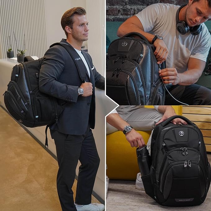 Swissdigital Design Men's 17 Inch Laptop Backpack with Apple Find My Network and USB Charging Port, Large Capacity Business Travel Backpack for College and Business Black | SD1643FB-01