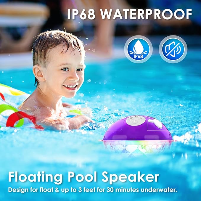Floating Pool Speakers with Colorful Lights, Built-in Mic & Crystal Clear Sound Bluetooth Pool Speakers, IP68 Waterproof Wireless Hot Tub Speaker for Beach Party Indoor Outdoor Christmas