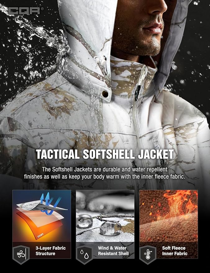 CQR Men's Tactical Softshell Jacket, Winter Warm Fleece Lined Coat, Water Resistant Outdoor Hunting Hiking Rain Windbreaker