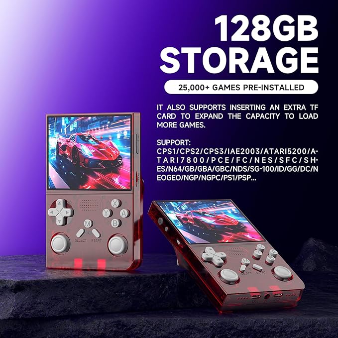 R40 Retro Handheld Game Console - 3.5 Inch IPS Screen, 128GB Storage, Portable Arcade Gaming Device, 3000mAh Battery, Type-C Charging, Red