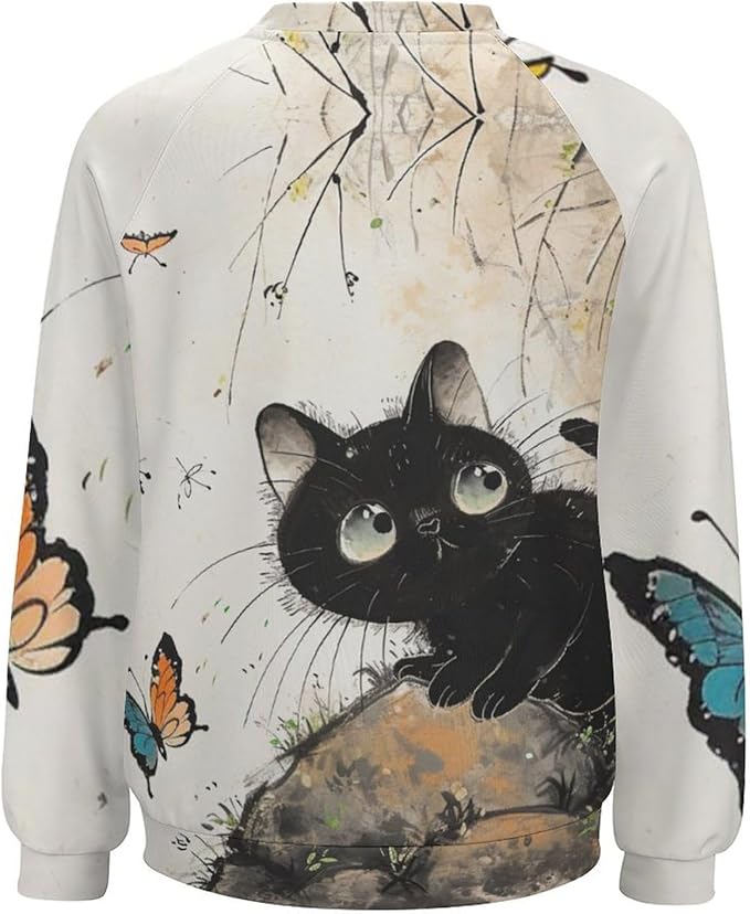 Long Sleeve Shirts for Women Cat Printed Fall Winter Dressy Holiday Casual Fashion Crewneck Tunic Tee Shirts