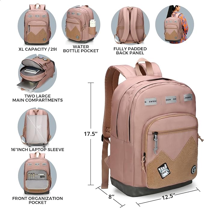 Swissdigital Design Big Student Laptop Backpack with Fun Personalized Patches For College Boy & Girl, Middle High School Teen Bookbag Cool Travel Daypack Mocha Brown - Includes 3 Patches | SD1718-35