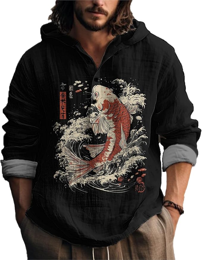 MARSVOVO Mens Japanese Art Long Sleeve Hooded Shirts Lightweight Quarter Button Hoodie Casual Cool Tops for Spring Fall