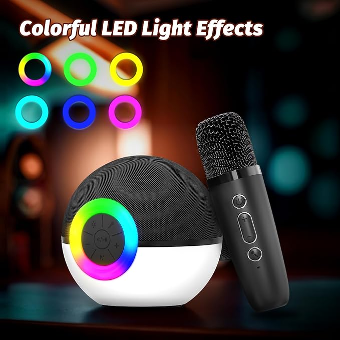 goopow Mini Karaoke Machine Speaker for Kids Adults, Portable Bluetooth Microphone Song Toys with LED Light, Best Chritmas Birthday Festival Gift for 3 4 5 6 7 8+ Year Old Girls Boys (Black-2 Mic)