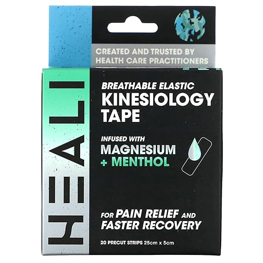 Heali Kinesiology Tape with Magnesium and Menthol, 20 Pcs Precut Strips, K Tape Roll, Knees, for Physical Therapy, Sports, Muscles and Joints, Water Resistant, White with Blue Camo