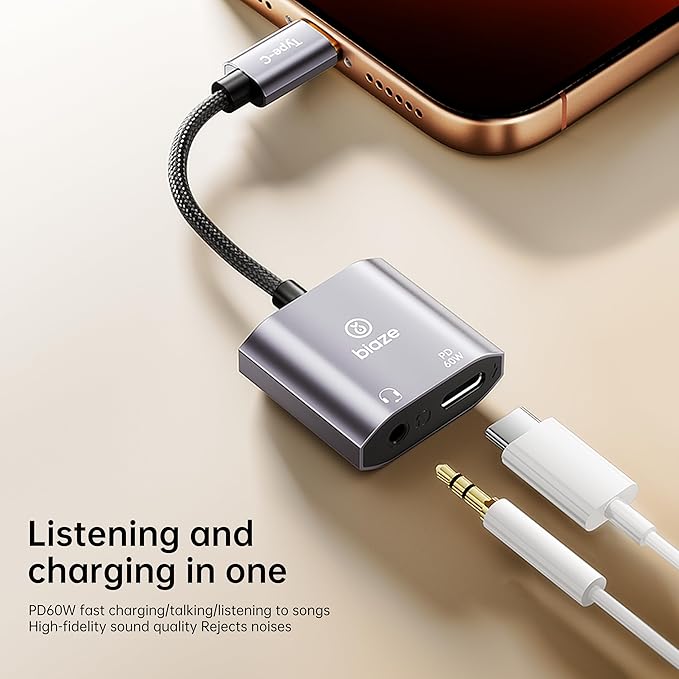USB‑C to 3.5 mm Headphone & Charger Adapter – 60 W PD Fast Charging, Hi‑Res DAC, Call‑Ready, Compact Aluminium Splitter for Phone/Android/Tablet