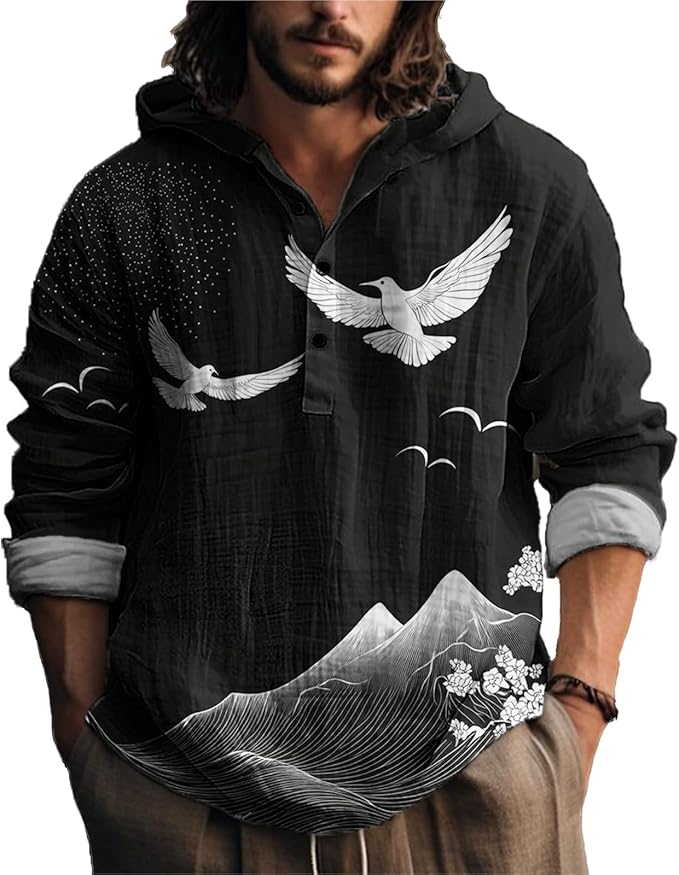 MARSVOVO Mens Japanese Art Long Sleeve Hooded Shirts Lightweight Quarter Button Hoodie Casual Cool Tops for Spring Fall