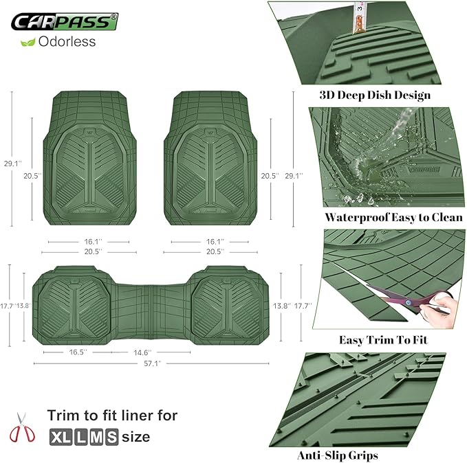 CAR PASS Heavy Duty Rubber Car Mats, Deepdish All Weather Floor Mats for Car Full Set, Universal Automotive Mats Trim to Fit for Sedans SUVs Trucks, Waterproof Anti-Slip Deep Tray 3 Pieces Olive Green