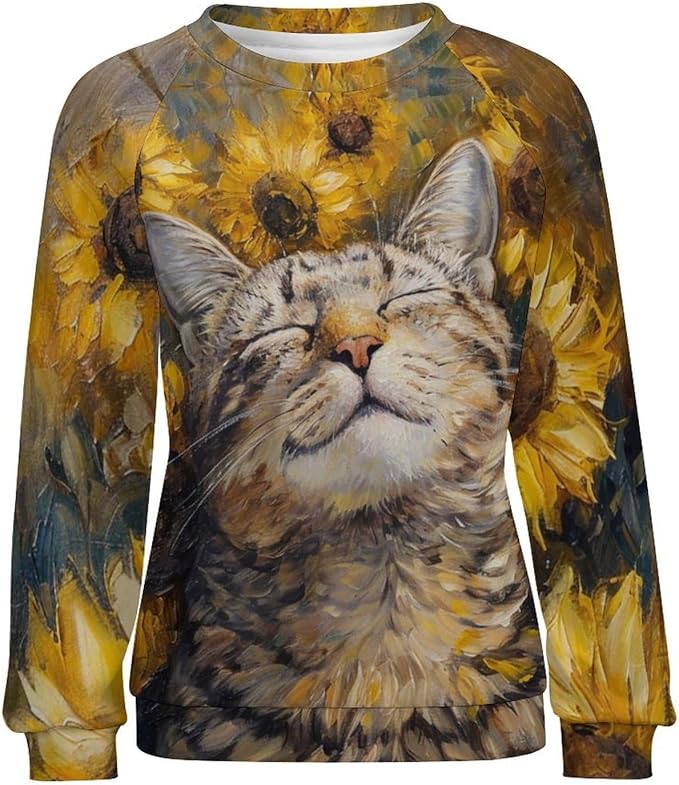 Sweatshirt for Women Cat Print Fashion Funny Plus Size Ladies Dressy Crewneck Casual Trendy Tee Shirts