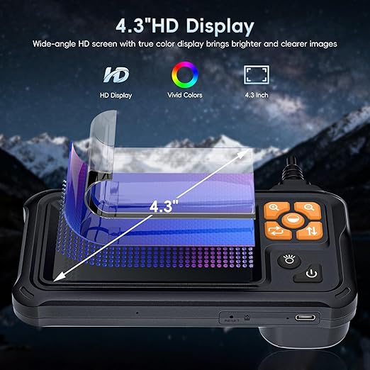 Industrial Endoscope Borescope Camera with Light, 4.3'' HD Digital Handheld Waterproof Sewer Tools Snake Inspection Camera with 8 LED Lights 32.8FT Semi-Rigid Cable, Cool Gift Gadgets for Men