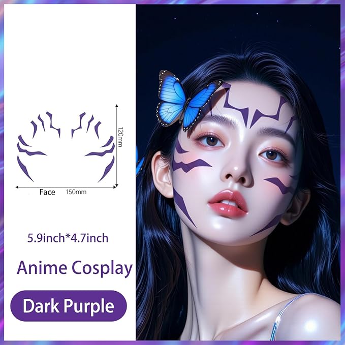 Rumi Tattoos Body Set–10 Purple Pieces per Pack (1 Face, 2 Chest, 2 Upper Arm, 2 Forearm, 1 Waist, 2 Thighs Symmetrical), Temporary Body Tattoos, Waterproof & Skin-Safe (Purple, 1 Pack)