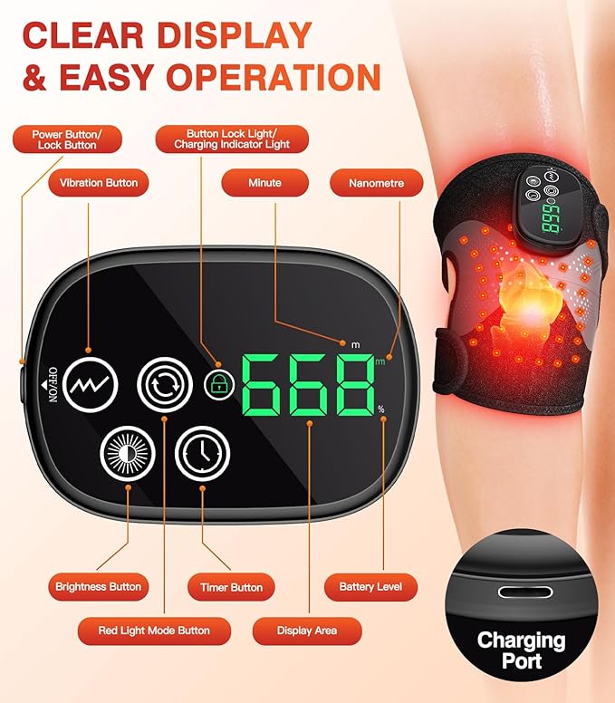 Knee Massager with Heat, 3 Vibration Modes, LED Screen, Adjustable Straps, Gift for Men and Women
