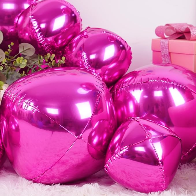 12Pcs Hot Pink Round Foil Balloons, 22" 15" 10" 4D Helium Ball Balloon, Metallic Pink Foil Balloon for Birthday Graduation Wedding Anniversary New Year Eve Disco Prom Party Decorations